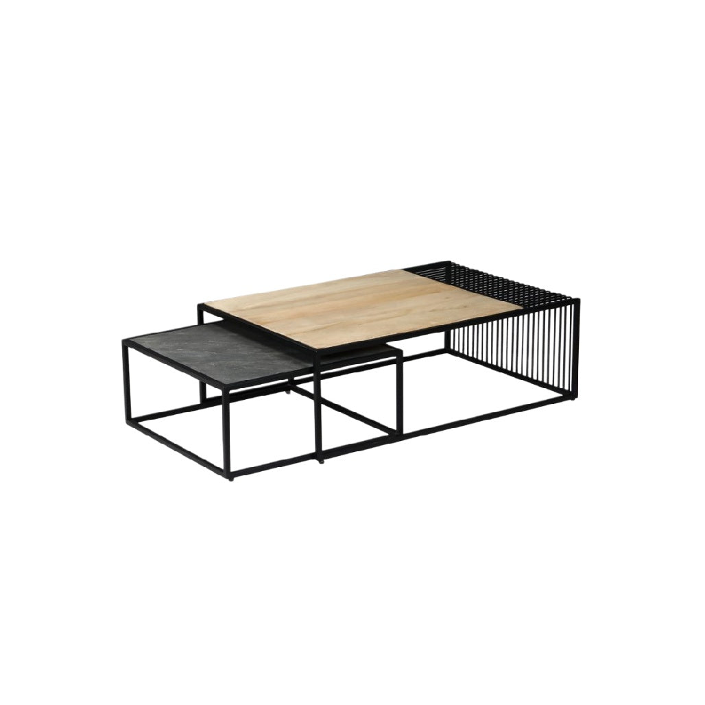 Table basse contemporaine avec plateaux modulables et structure en métal noir
