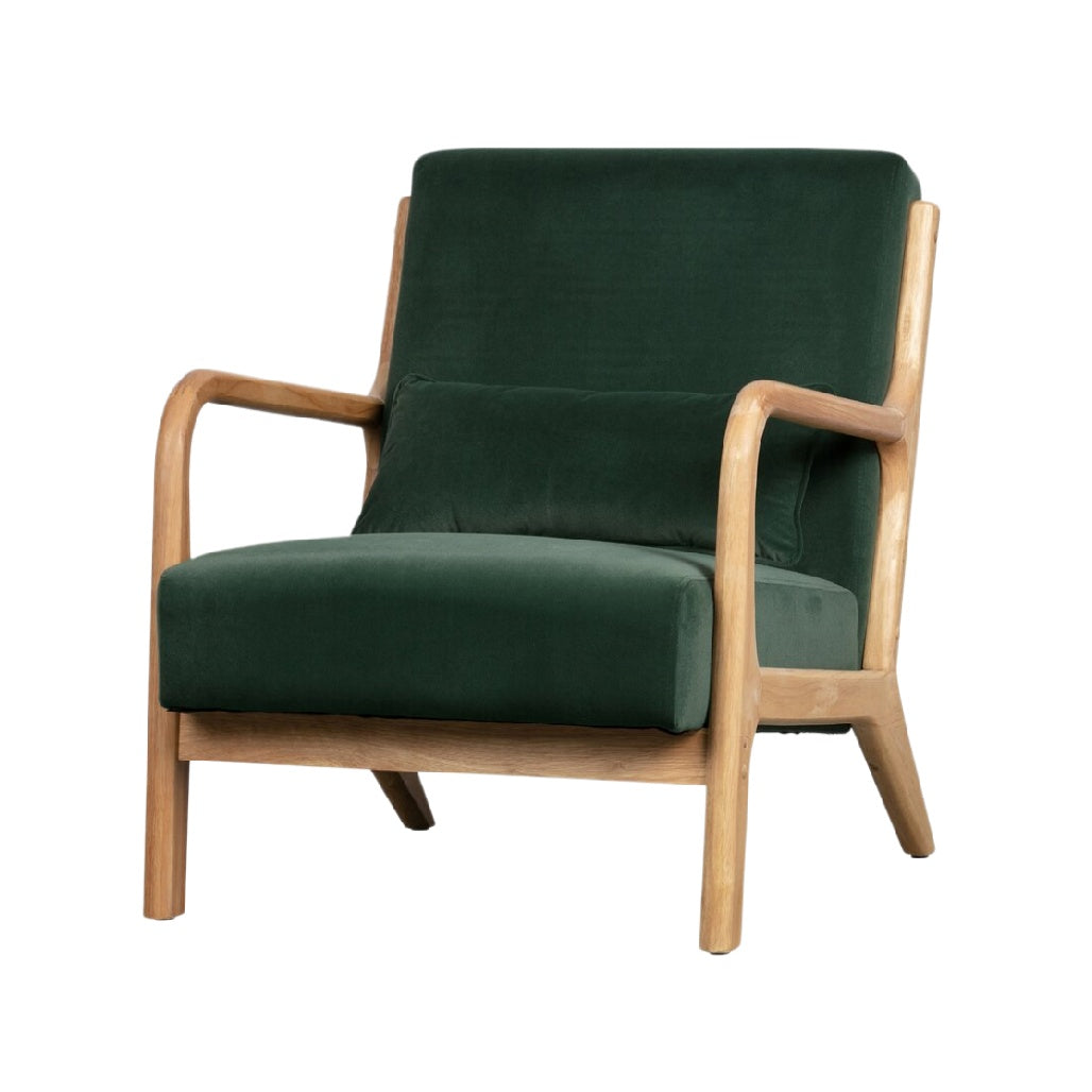 Fauteuil moderne en velours vert avec structure en bois